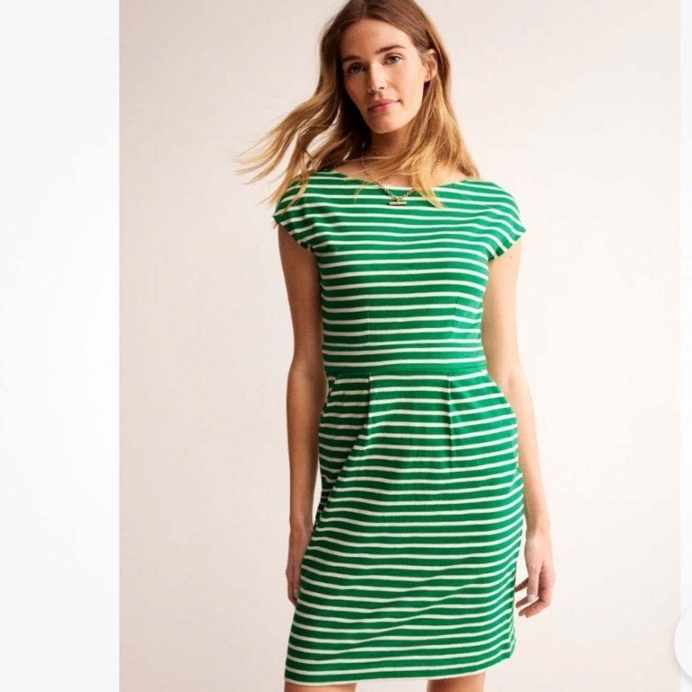 Boden Womens Florrie Green White Striped Boat Neck Jersey Sheath Dress pockets 6